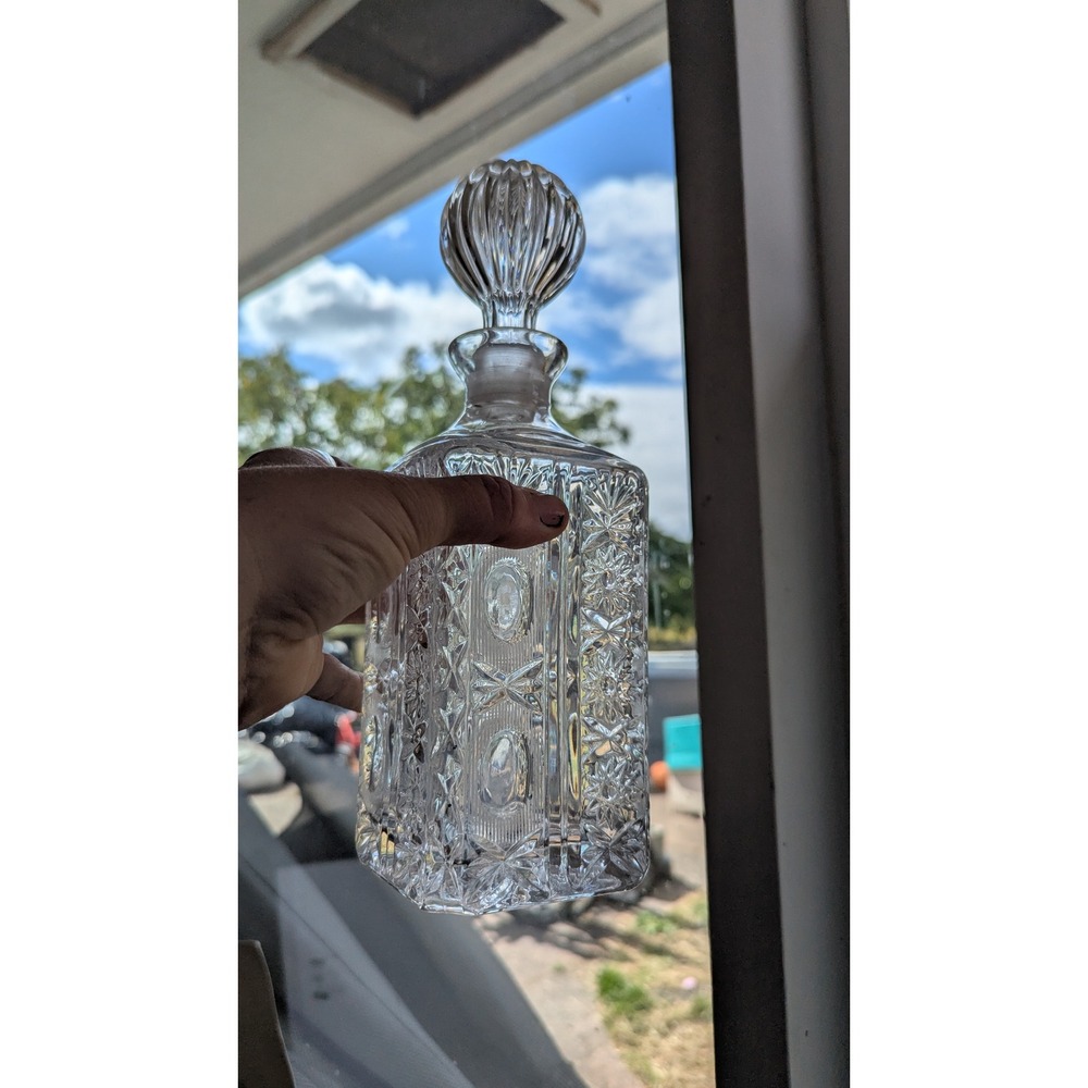 Vintage Clear Cut Crystal Square Decanter with Ribbed Stopper Starburst Pattern